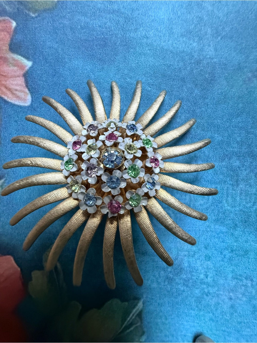 Gold-Tone Sunburst Floral Brooch with Multicolor Rhinestones